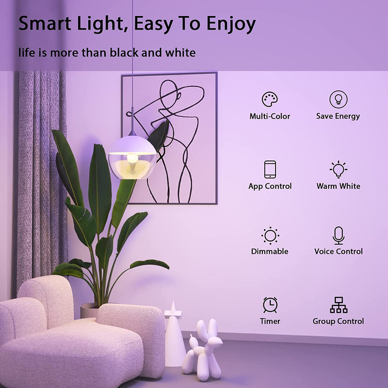 Smart Light Bulbs,Wi-Fi LED Lights,Multi-Colored and Warm to Cool White,Works with Alexa,Google Assistant and Siri,No Hub Required,1 Pack,A19 E26/E27,9W